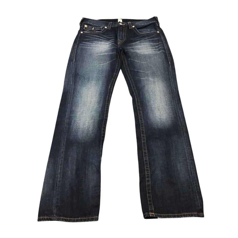 True Religion Straight Jeans Mens 34 Dark Wash Faded Denim World Tour